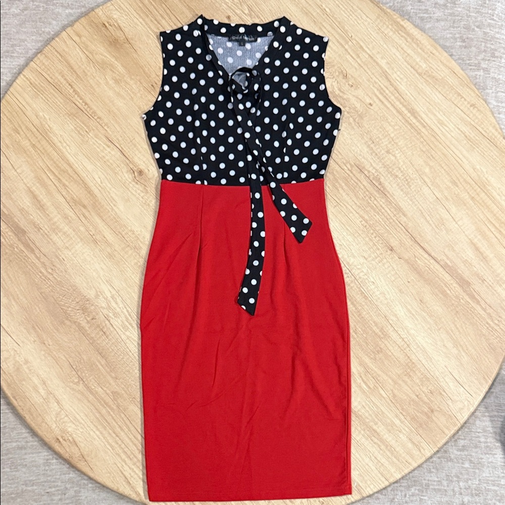 Chic Polka Dot and Red Midi Dress